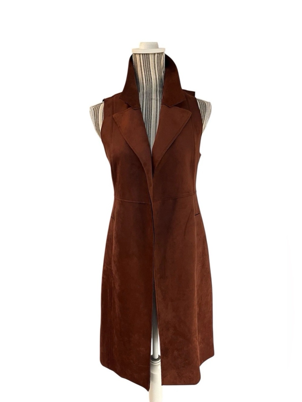 Chicos Suede Long Maxi Vest Chic Equestrian Burnt Umber Size 00P 0/2 Petite EUC